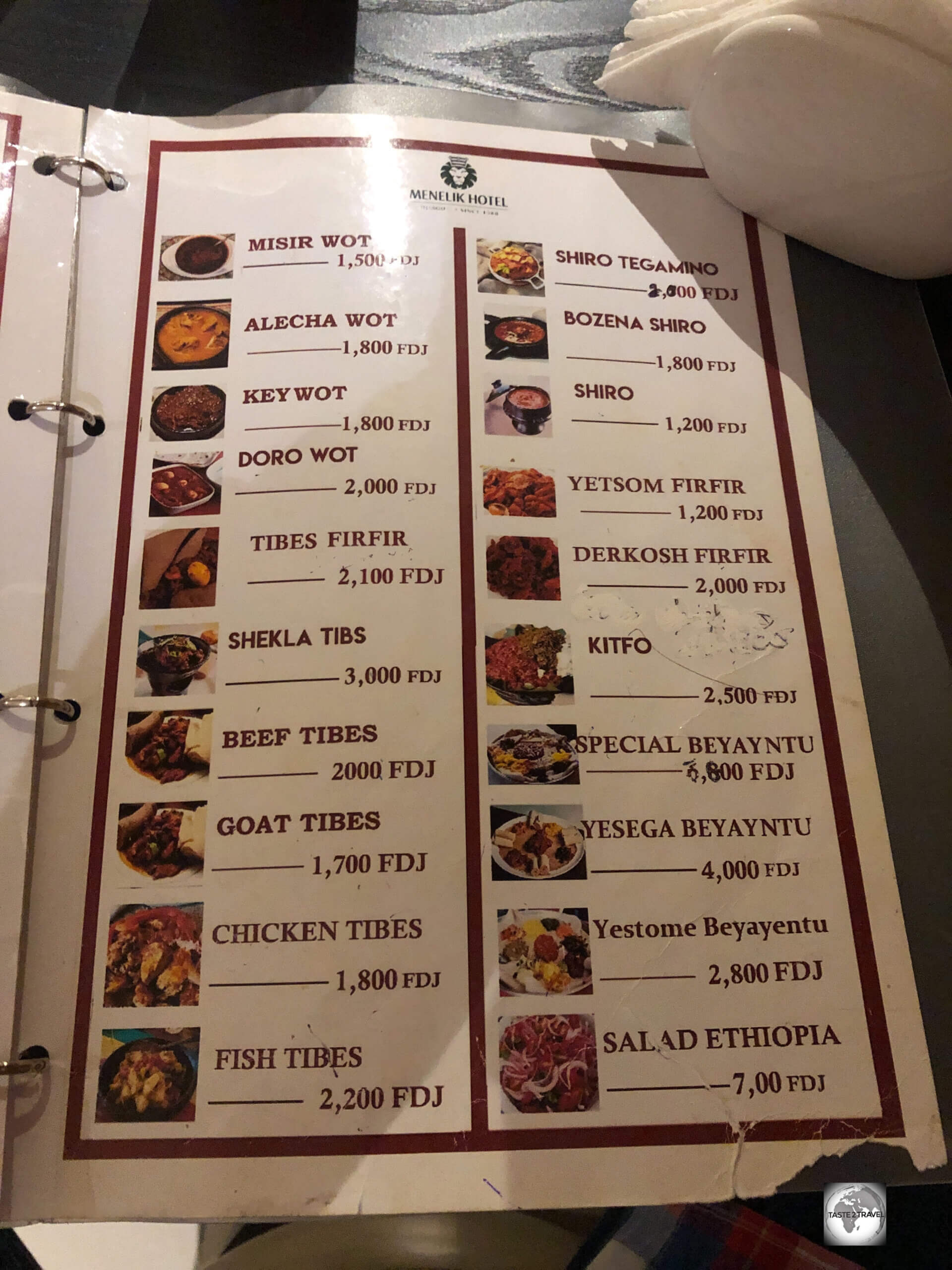 Menu at Restaurant Tadiourah at the Menelik Hotel in Djibouti.