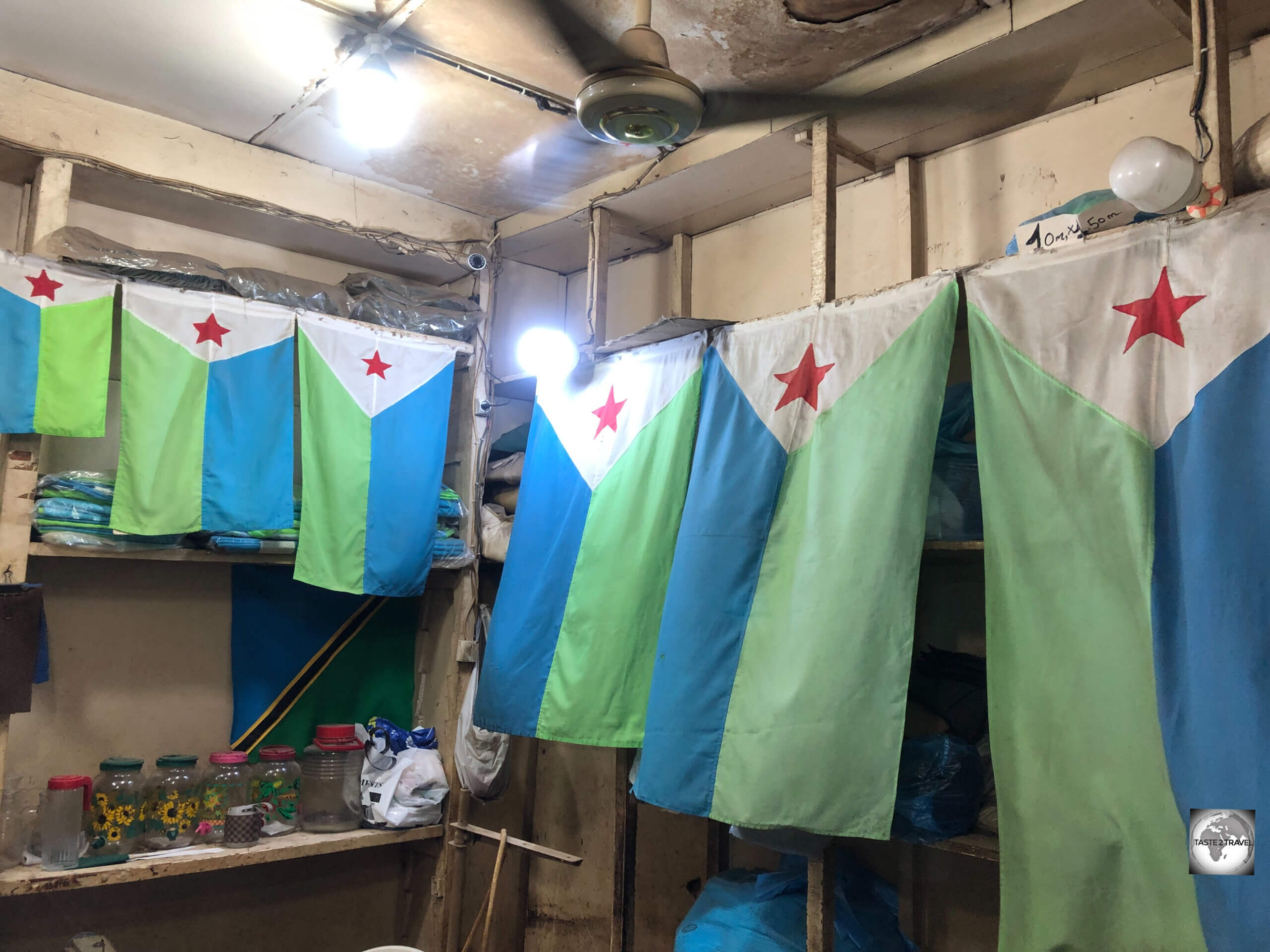 Djibouti flags for sale at a shop in Djibouti City.