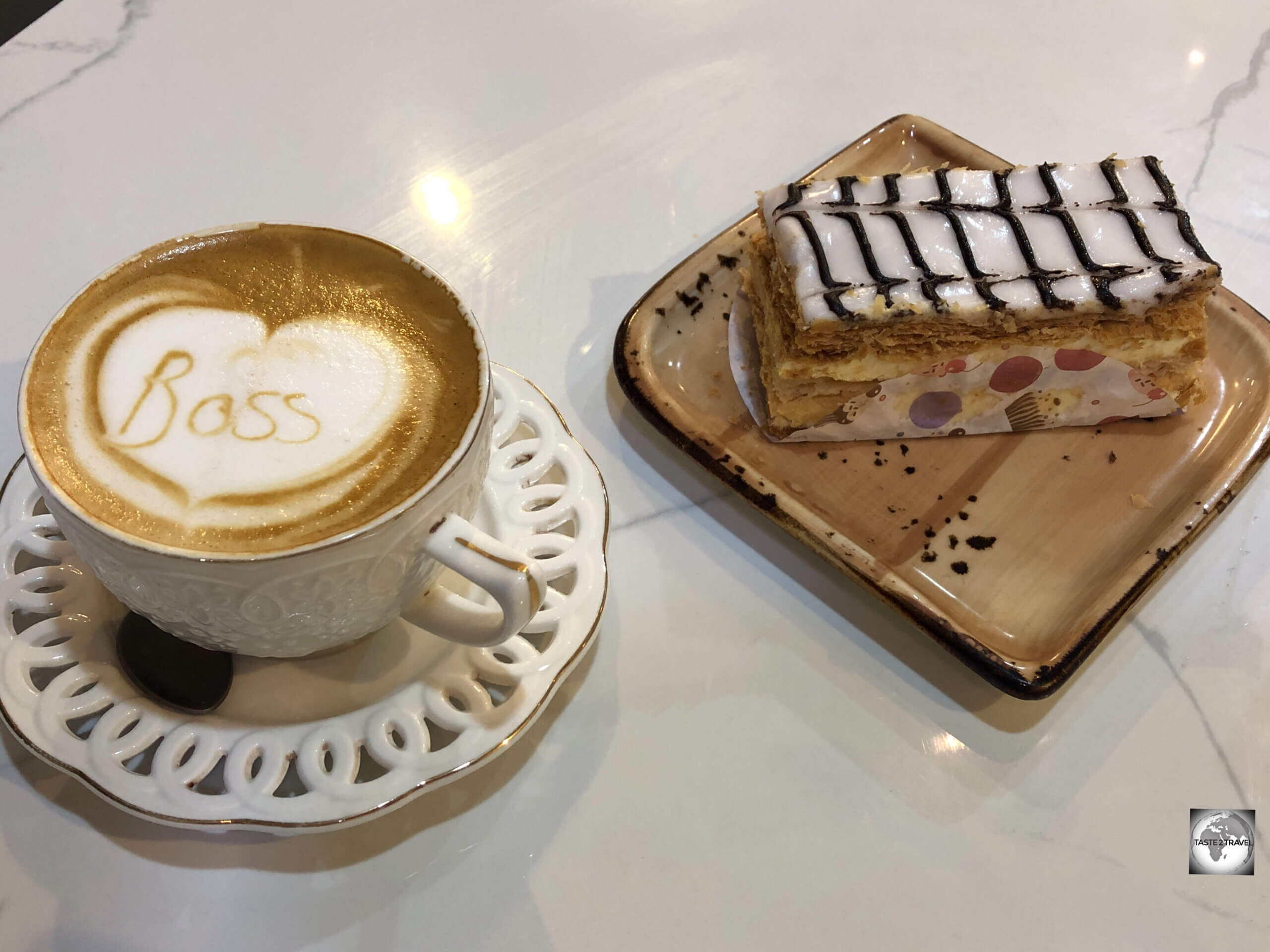 A superb <i>mille-feuille</i> served with an excellent café latte at Han's Cake in Djibouti City.