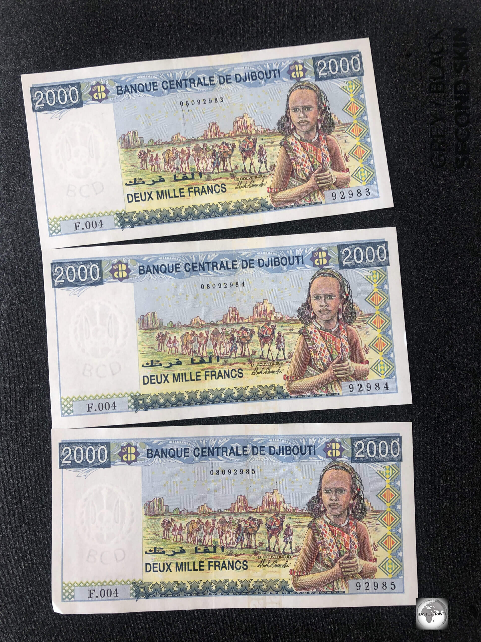 A set of uncirculated 2,000 DJF bank notes which I acquired from a local bank.