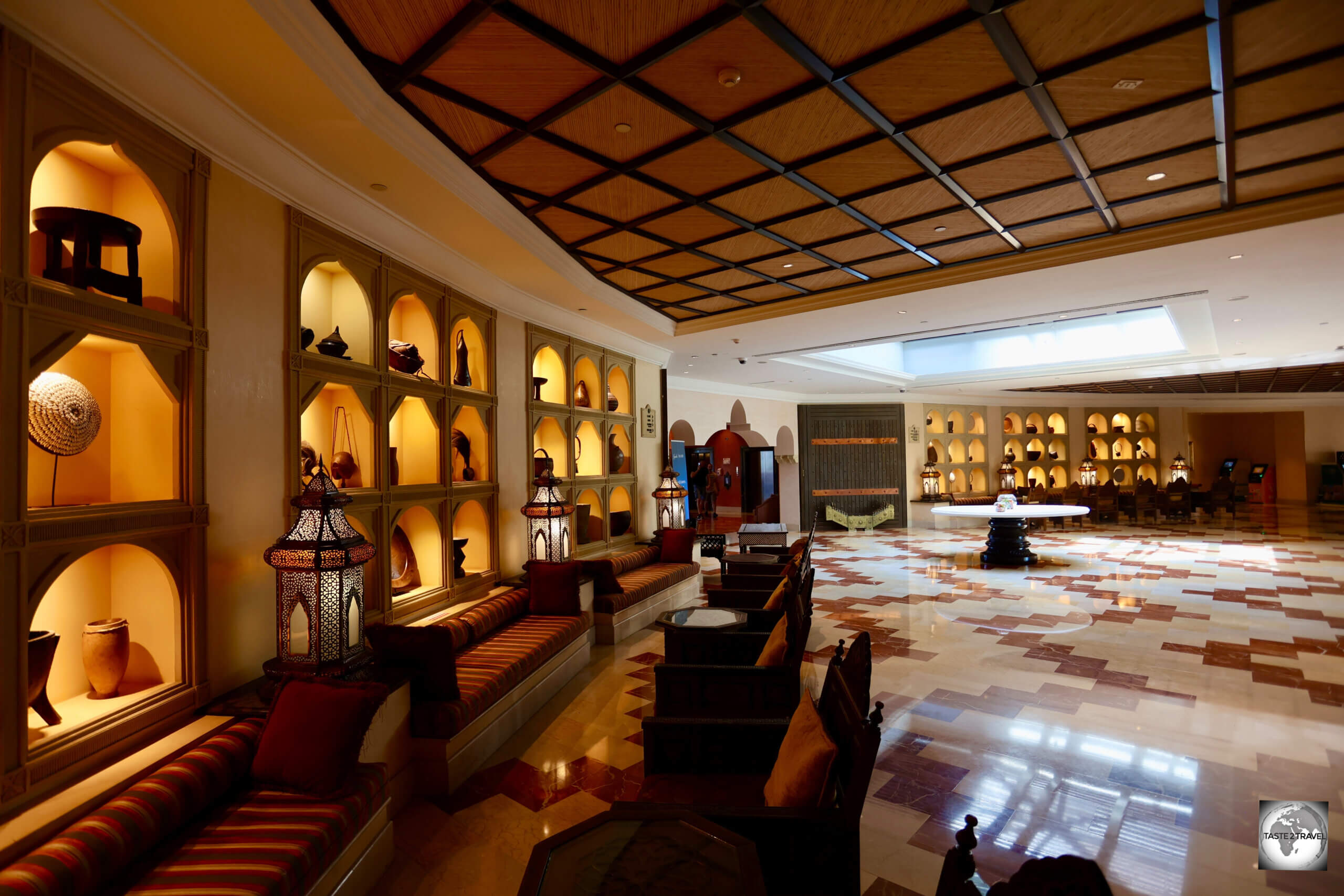 The very quiet lobby of the Djibouti Palace Kempinski hotel.
