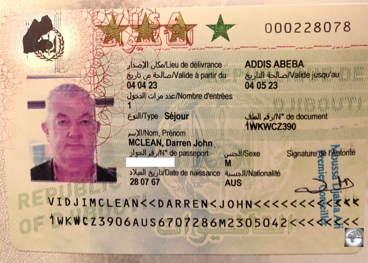 My Djiboutian visa which was issued on the same day in Addis Ababa.
