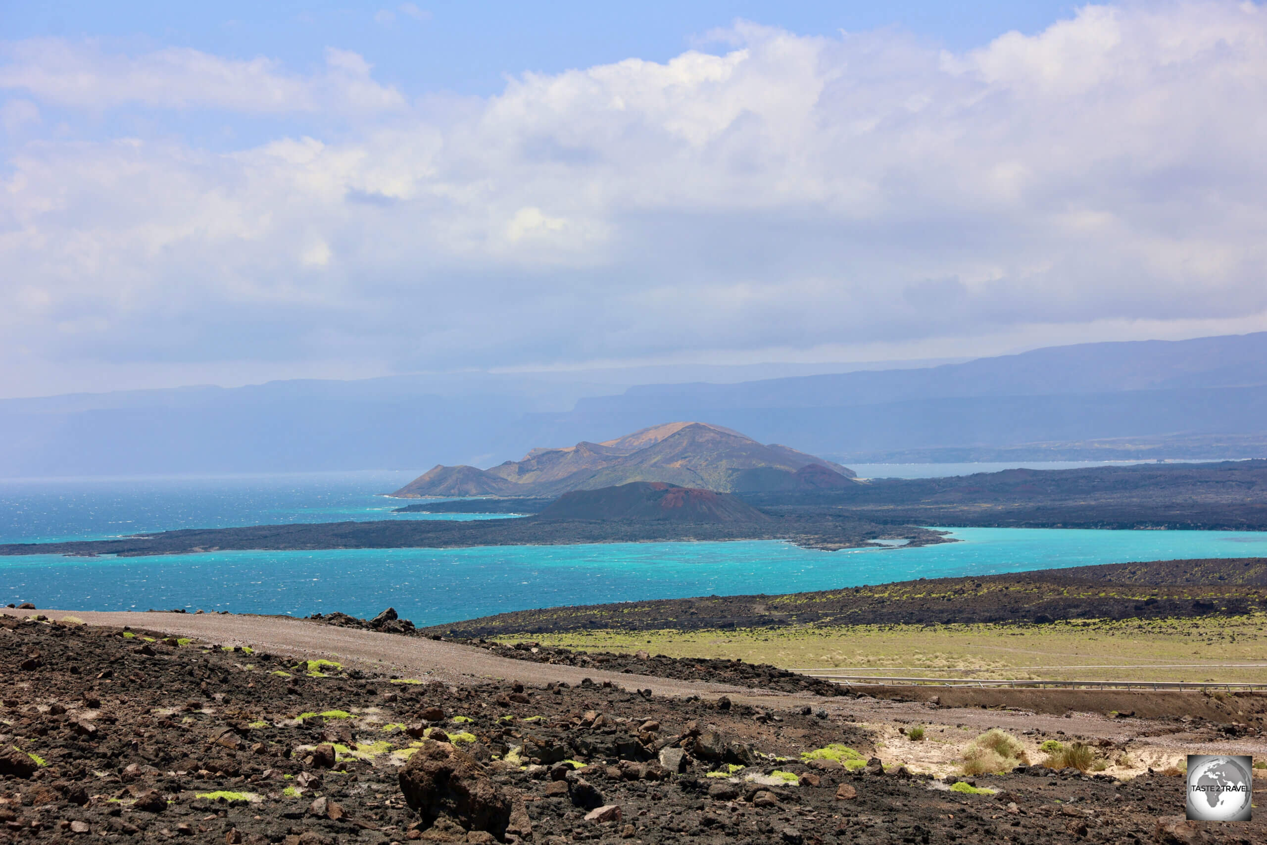 A view of Ghoubbet Bay, and lava fields, near Lake Assal.