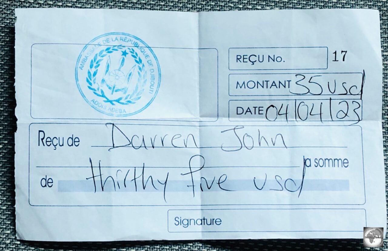 My Djibouti visa receipt from the Djibouti embassy in Addis Ababa.