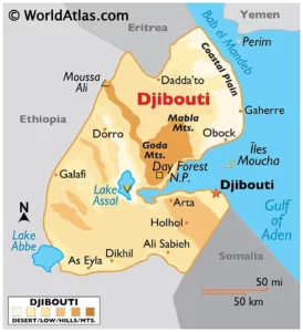 A map of Djibouti showing the Gulf of Tadjoura which is progressing further inland over time.