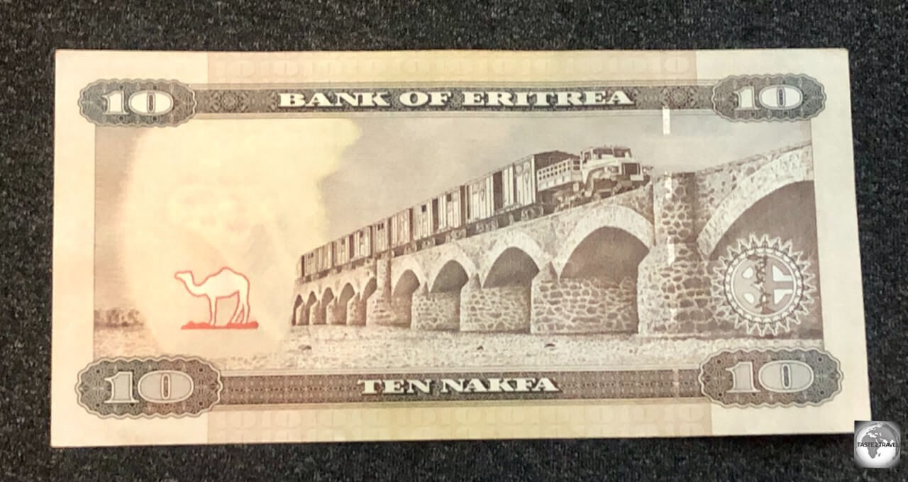 The obverse side of the 10 nakfa bank note features a scene from the now defunct Asmara to Massawa railway.