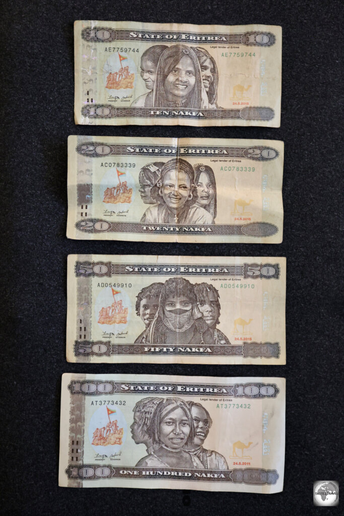 Eritrean nakfa banknotes are the same colour, almost the same size and feature a similar design.