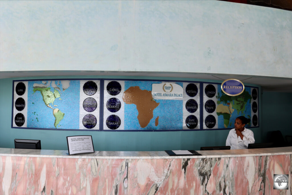A view of the reception desk at the Asmara Palace Hotel.