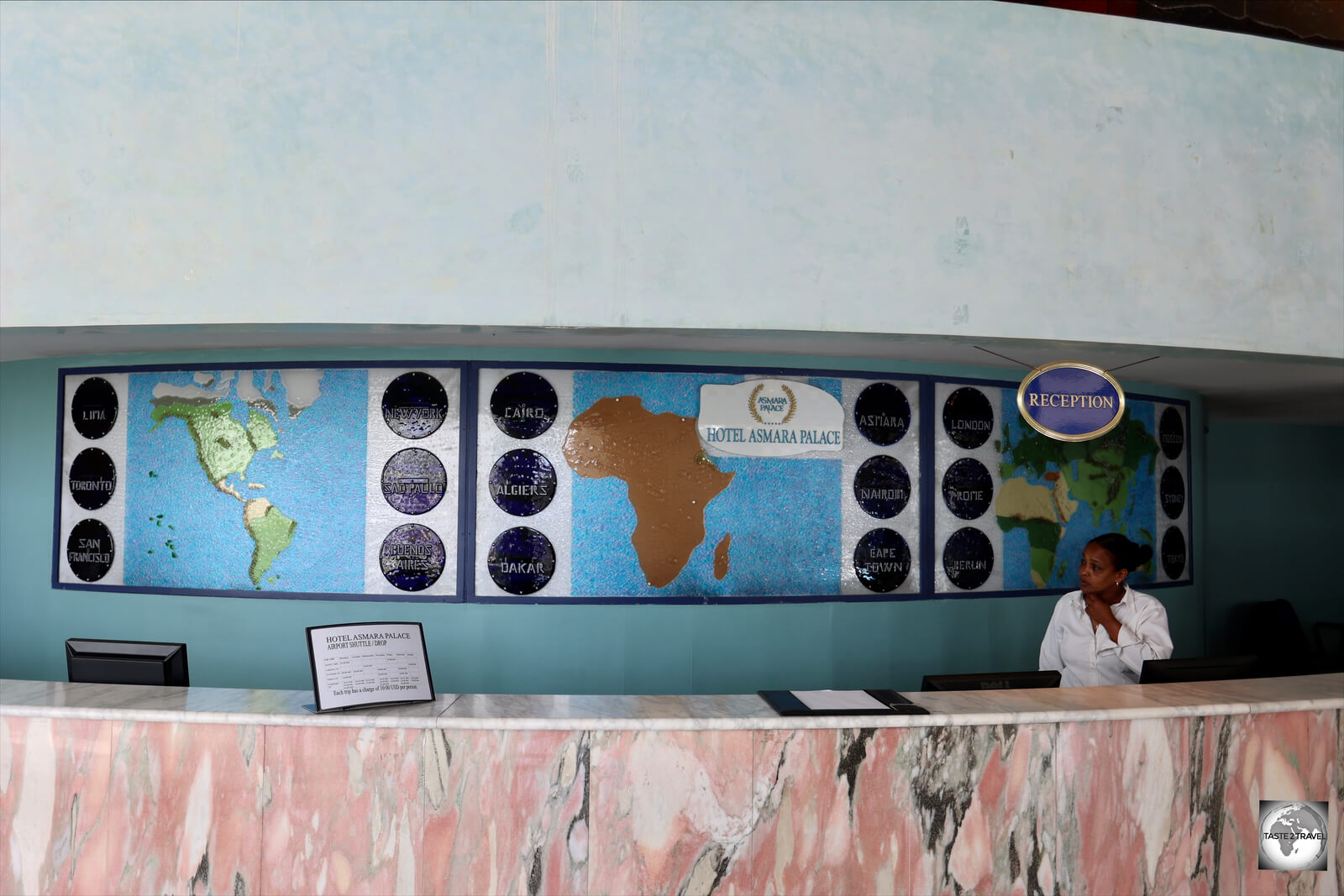 A view of the reception desk at the Asmara Palace Hotel.