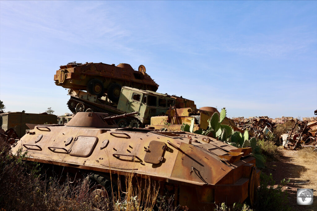 Destroyed tanks, stacked on top of each other in the Tank Graveyard in Asmara.