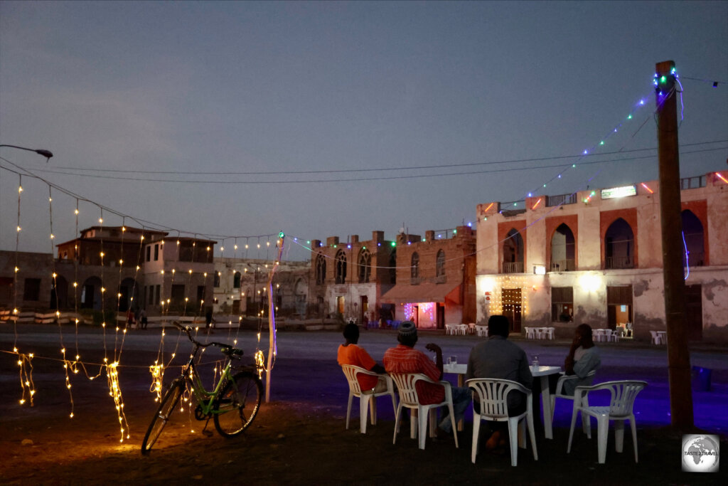 After sunset, outdoor bars/ restaurants open up along the corniche in Massawa old town.