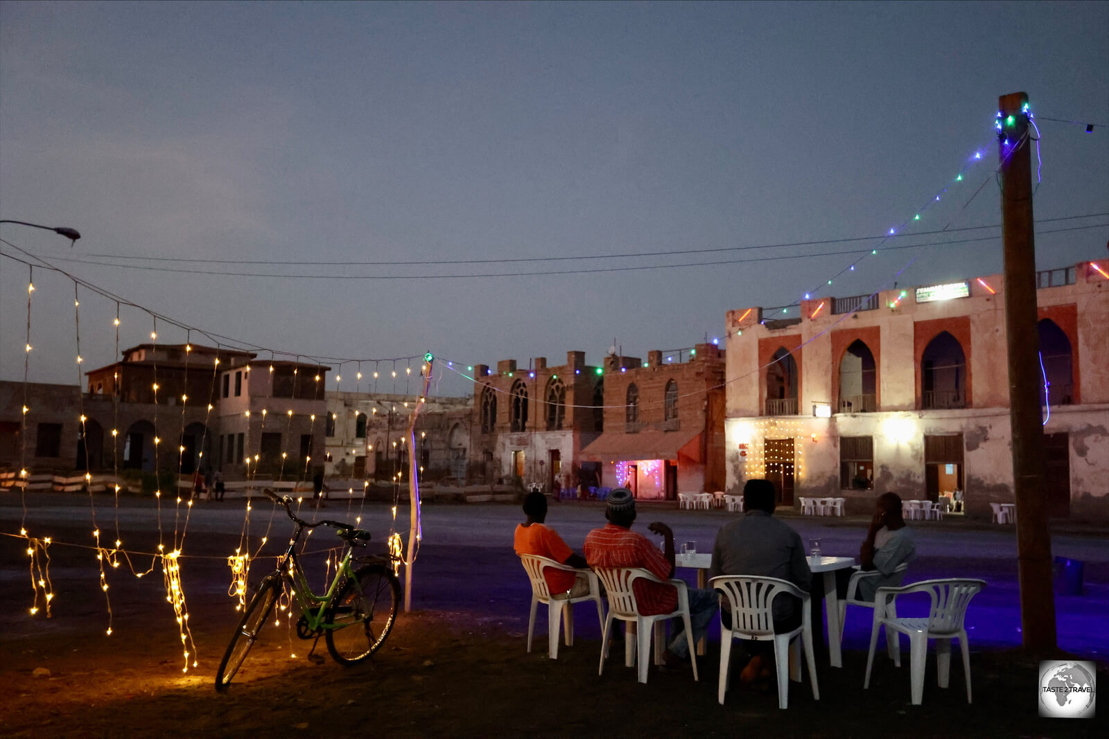 After sunset, outdoor bars/ restaurants open up along the corniche in Massawa old town.