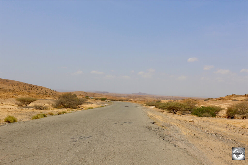 A view of the Asmara to Massawa highway, as it crosses the coastal plain near Massawa.