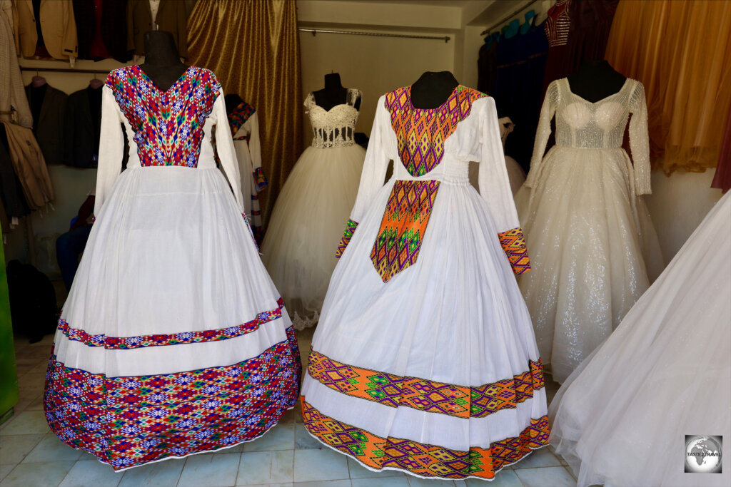 Traditional Eritrean dresses, in a shop in Keren.