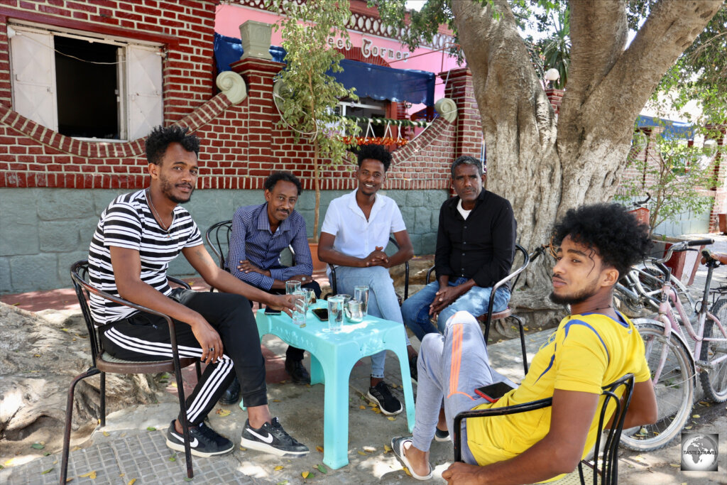 Friendly Eritreans, relaxing in a café in the city of Keren.