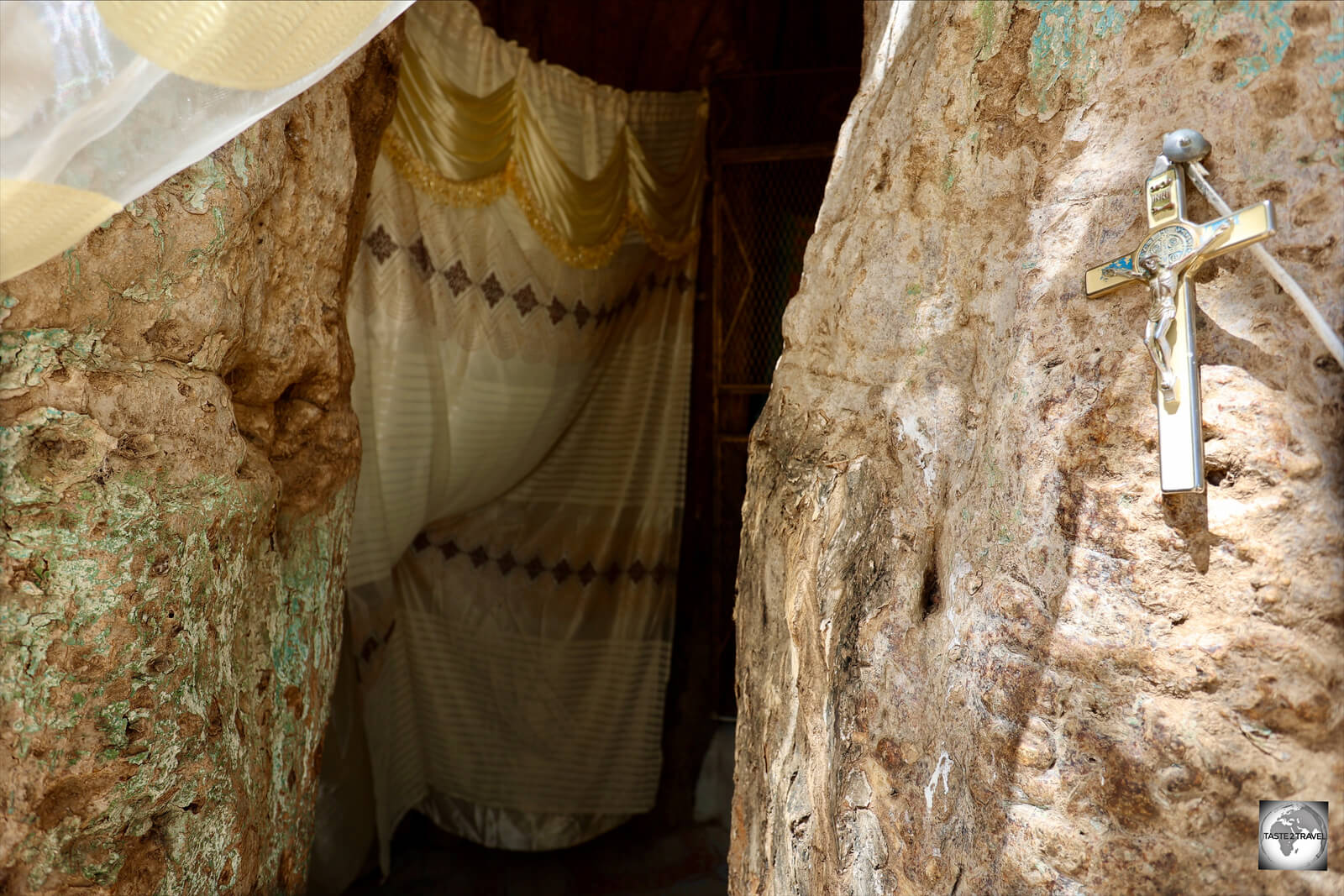 A view of the Mariam Dearit Shrine, inside the hollow of a baobab tree.