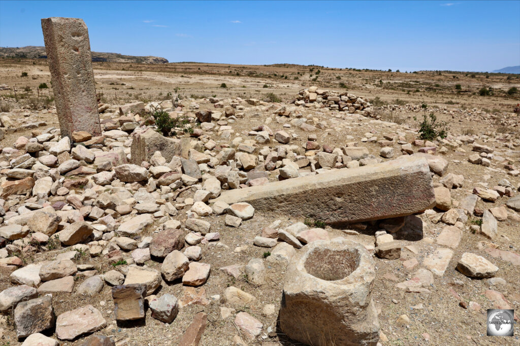 Carved stones from an ancient temple at Qohaito lie ready for archeological investigations.