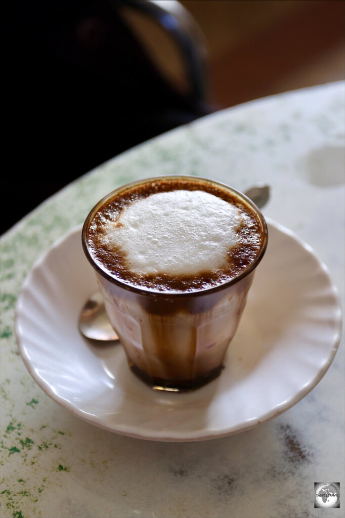 A typically strong Caffè macchiato, served in a café in Asmara.