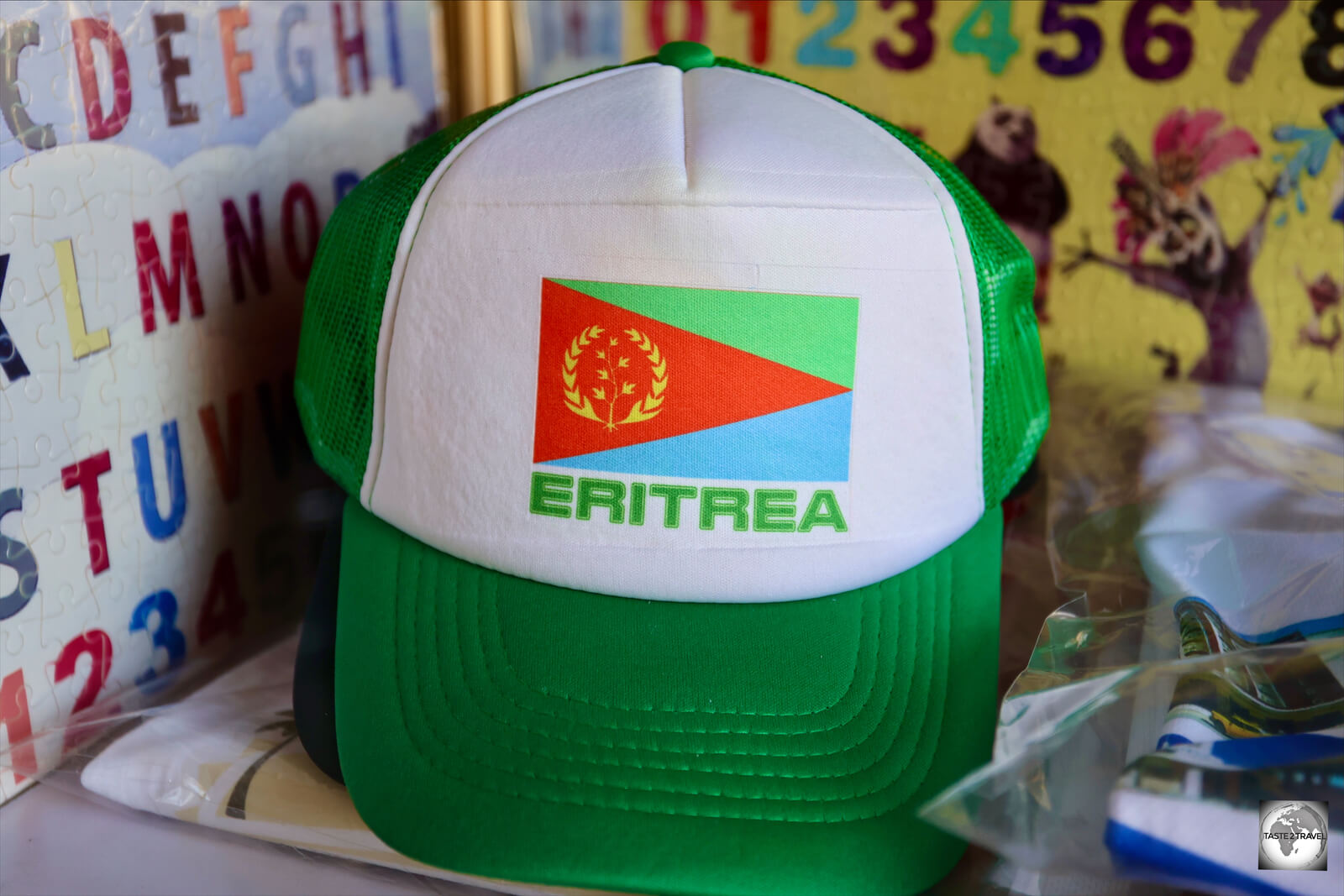 The Eritrean flag, featured on a souvenir cap, at a gift shop in Asmara.