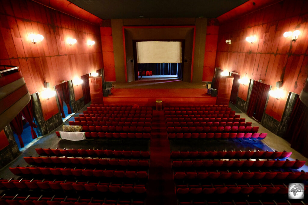 The plush-red auditorium provides seating for 1,200 people.