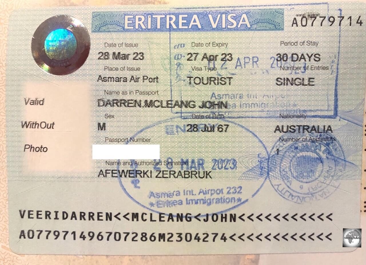 My Eritrean visa, which was issued upon arrival at Asmara International Airport.
