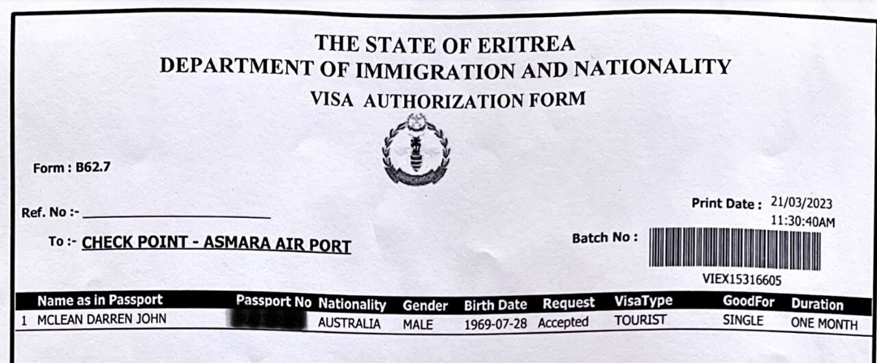My Eritrean Visa authorisation form, which I received via email.