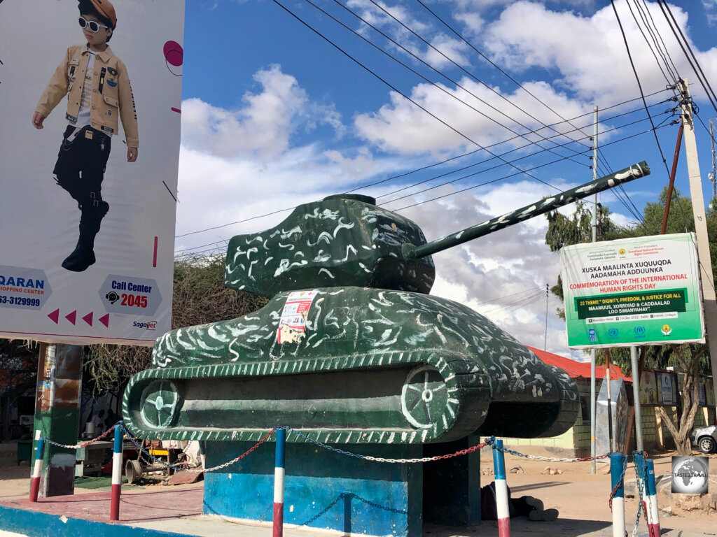 A tank monument in downtown Hargeisa.