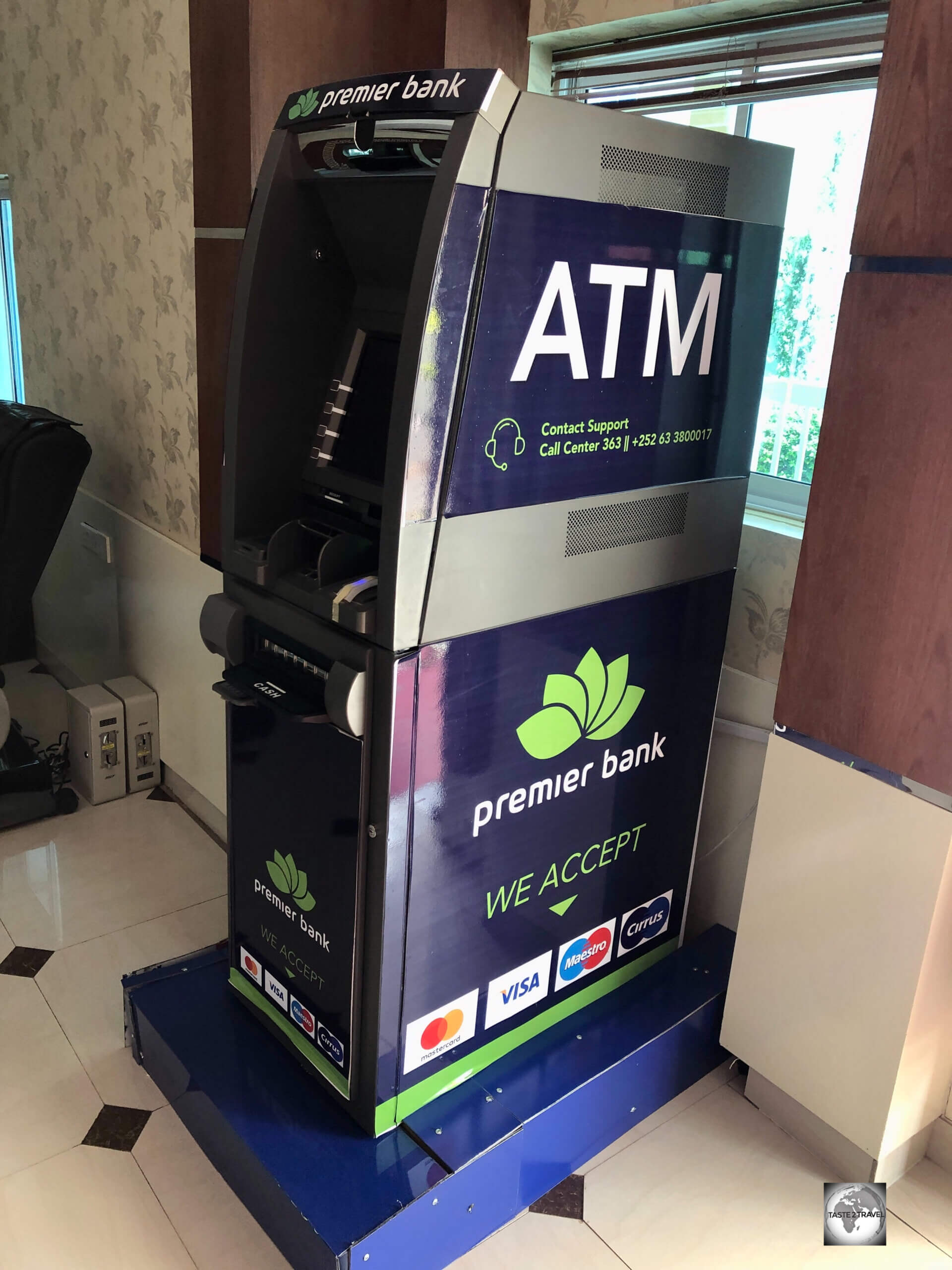 This ATM from Premier Bank which only dispensed USD cash, and was located in the lobby of my hotel, the Maamuus Hotel.