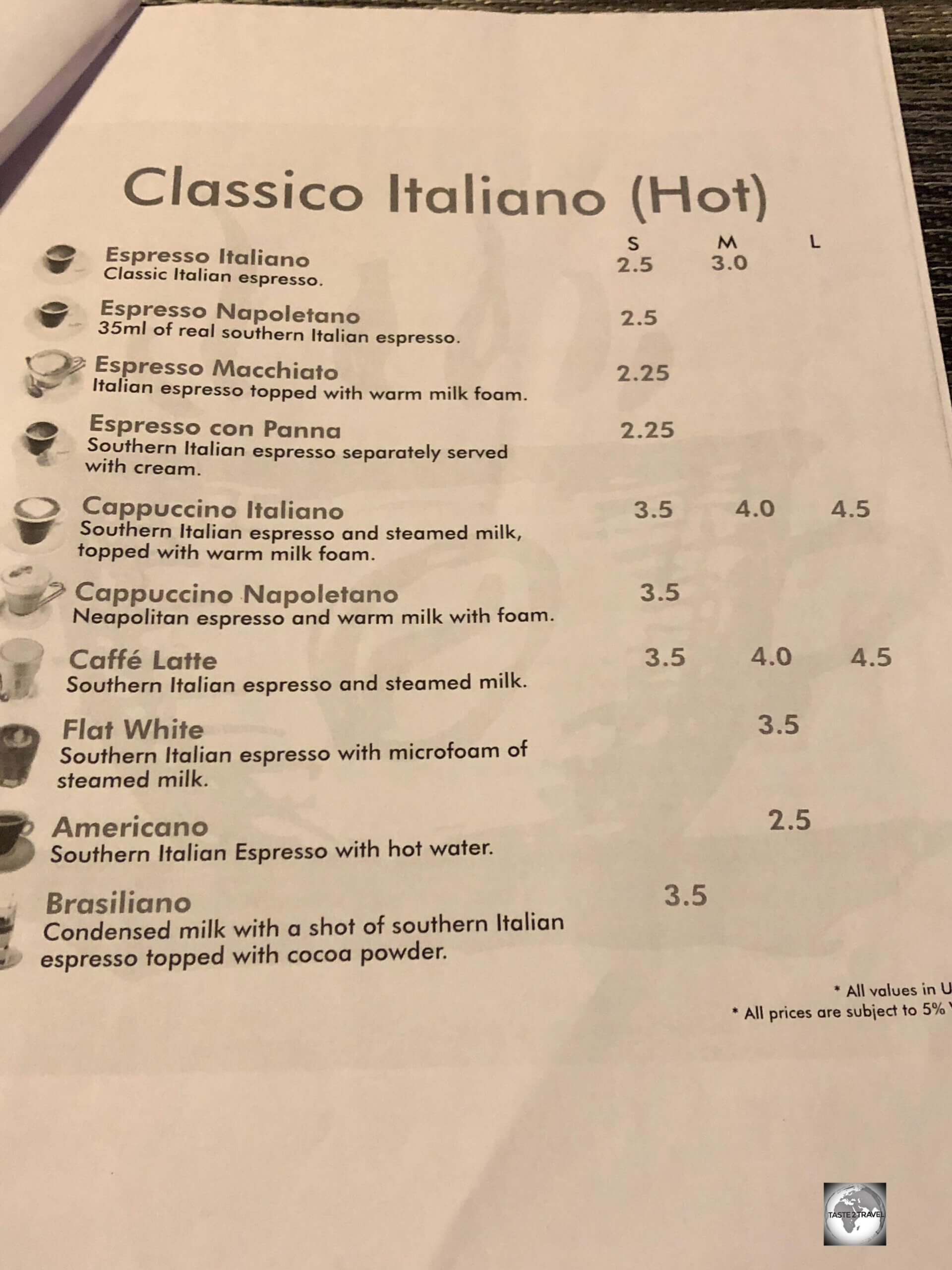 Coffee menu (prices in USD) at Café Barbera in Hargeisa, the finest café in Hargeisa.