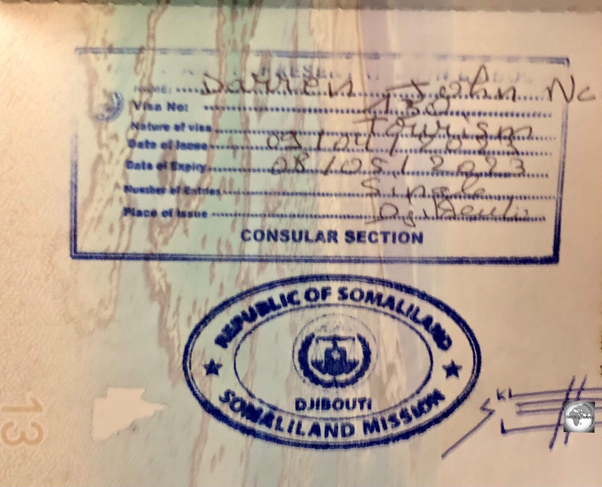 My visa for Somaliland, which was issued at the Somaliland Mission in Djibouti.