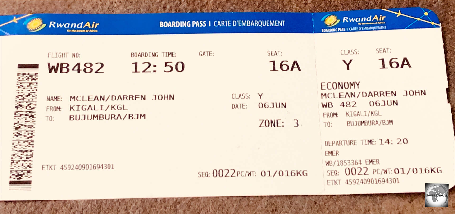 My RwandAir boarding pass, for my flight from Kigali to Bujumbura.