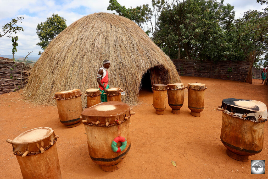 The former Royal Palace and some of the many drums used by the Royal Drummers at Gishora.