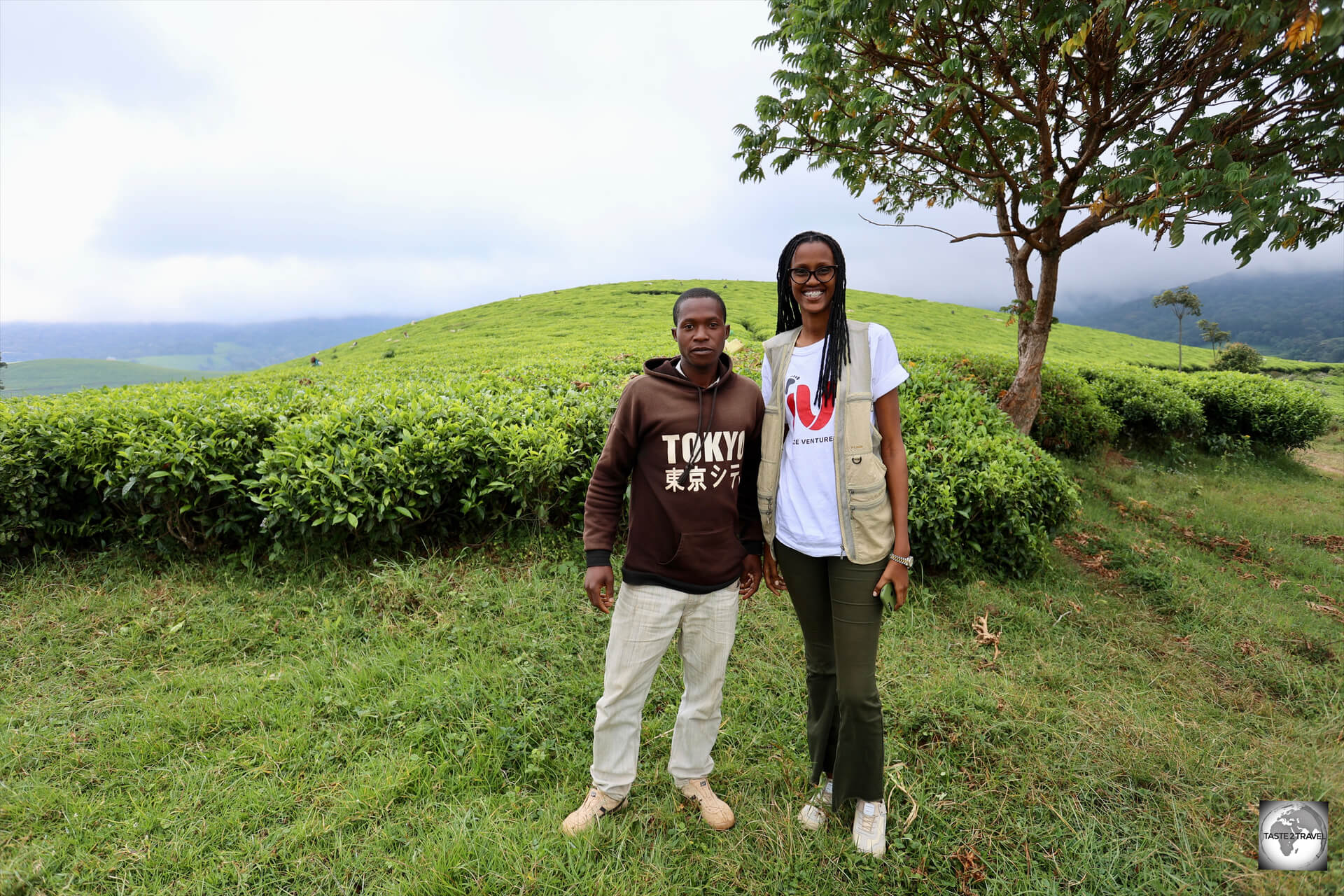 With my guide, Uwimana Dative, and a representative from Taza Tea, prior to our walk through the plantation.