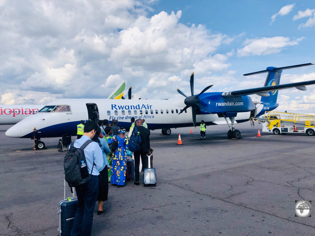 Boarding my RwandAir flight back to Kigali.