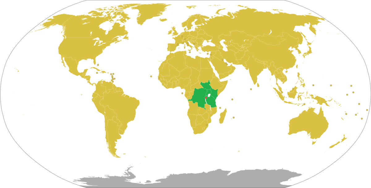 Visa requirement map for Burundi: countries in gold can apply for a VOA, while countries in green enjoy visa-free entry.<br /><i>Source: Wikipedia</i>