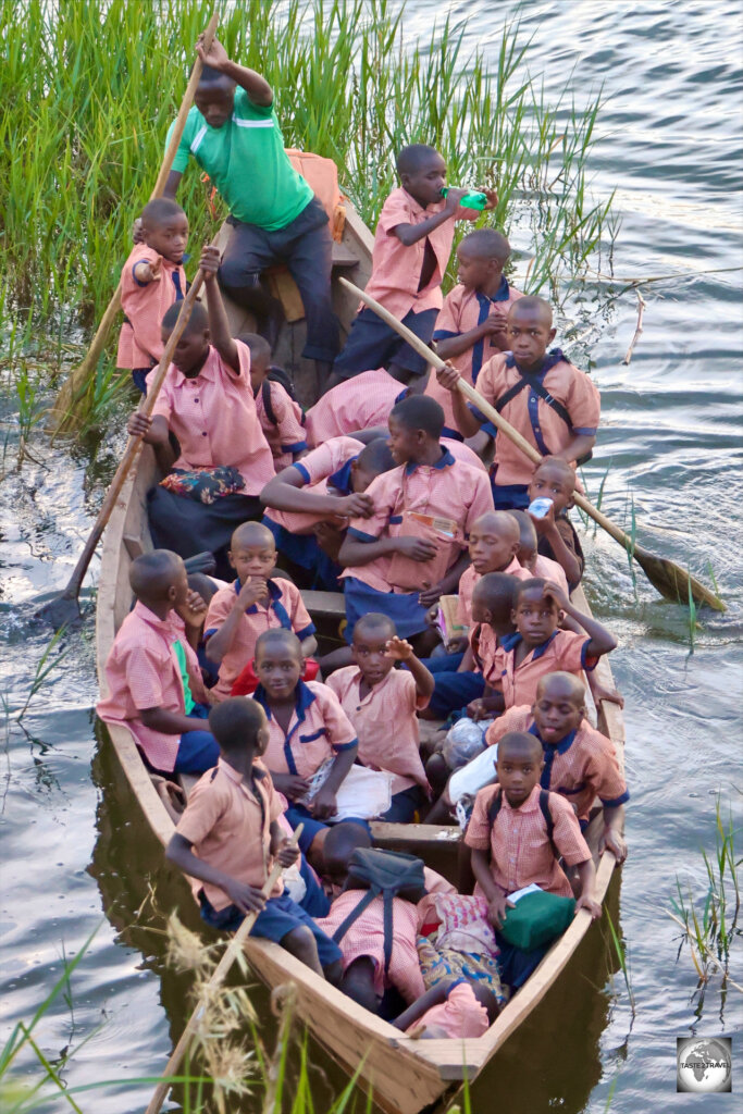 A boat load of school children, crossing Lake Ruhondo.