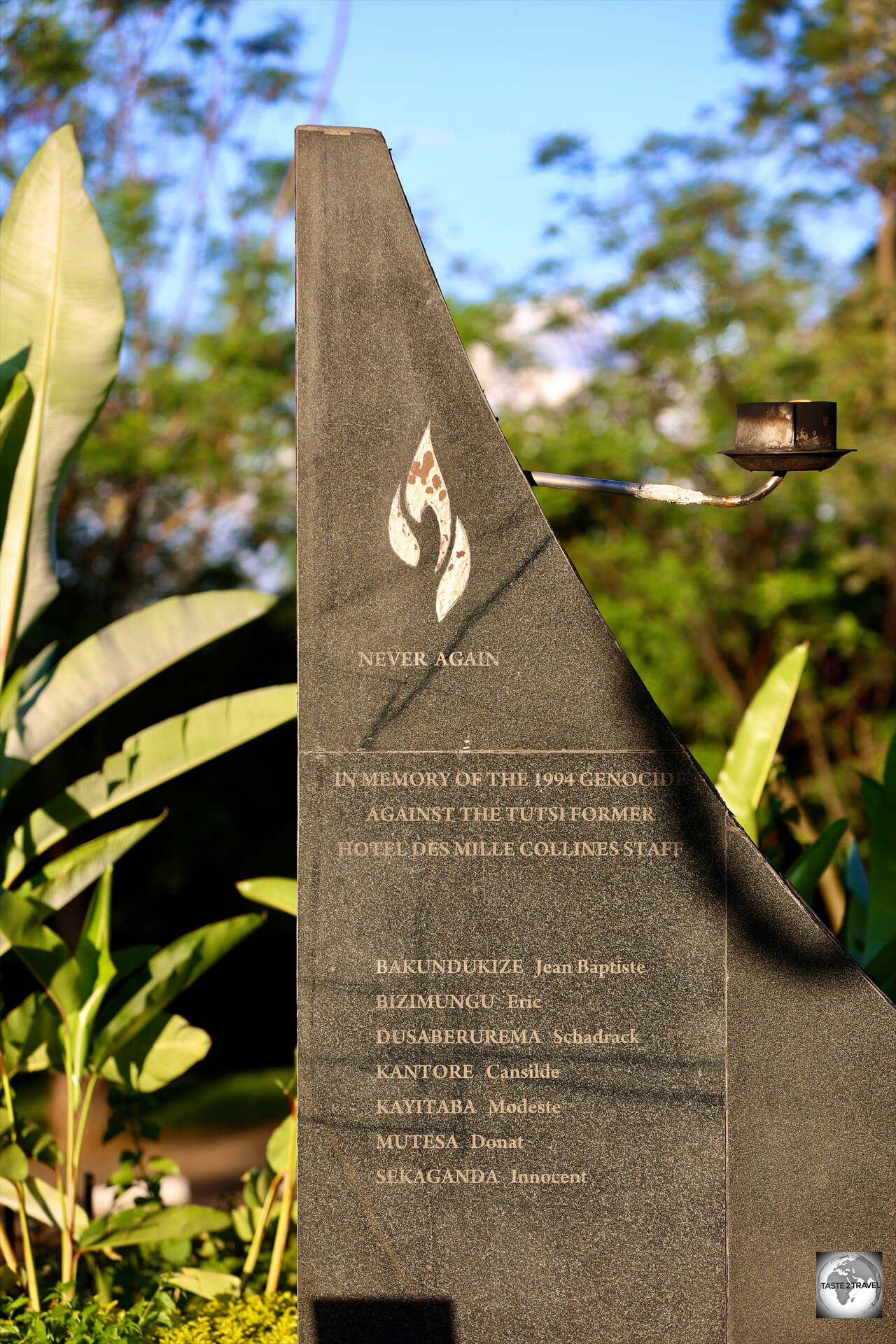 A memorial, to hotel staff members who died during the 1994 Genocide, at the Hotel des Mille Collines.