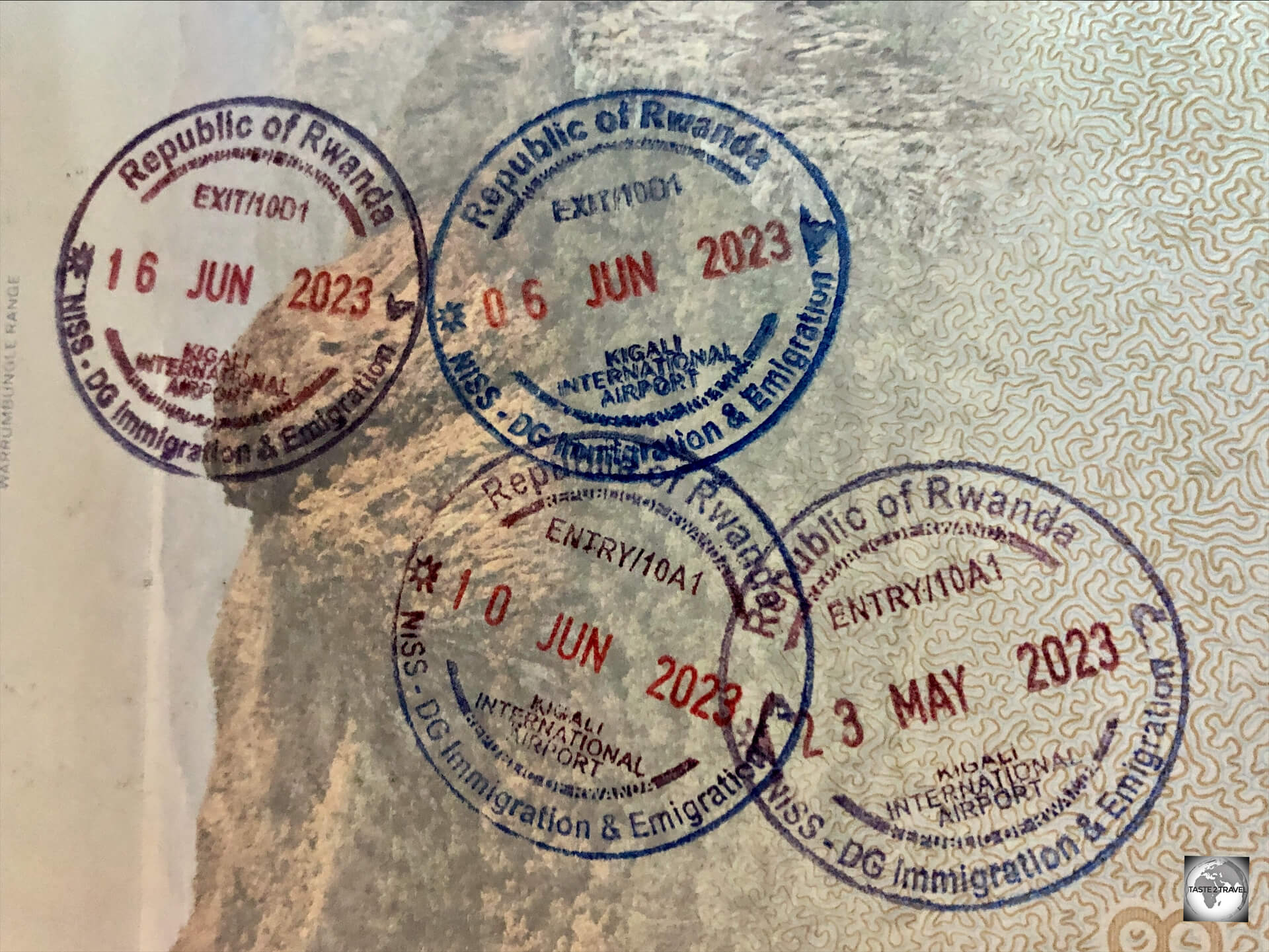 My Rwandan entry and exit stamps.