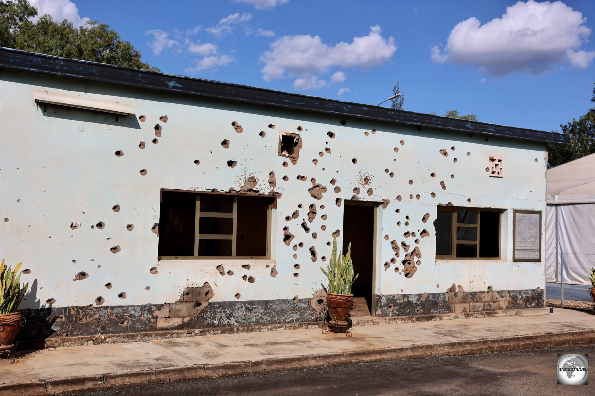The bullet-sprayed building, in which the Belgium soldiers died, now houses a small exhibition on the genocide.