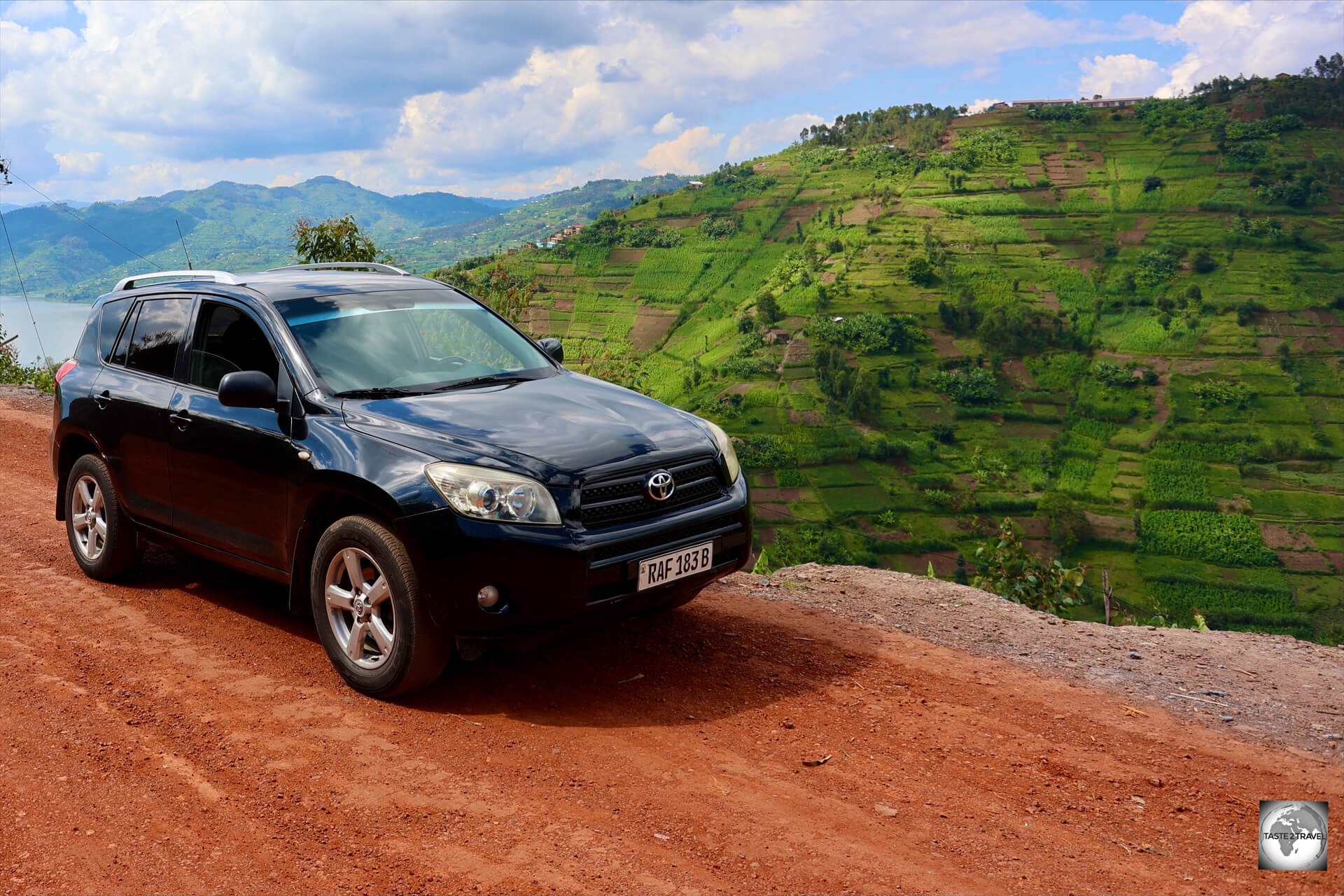 Travelling the gravel roads around Lake Ruhondo.