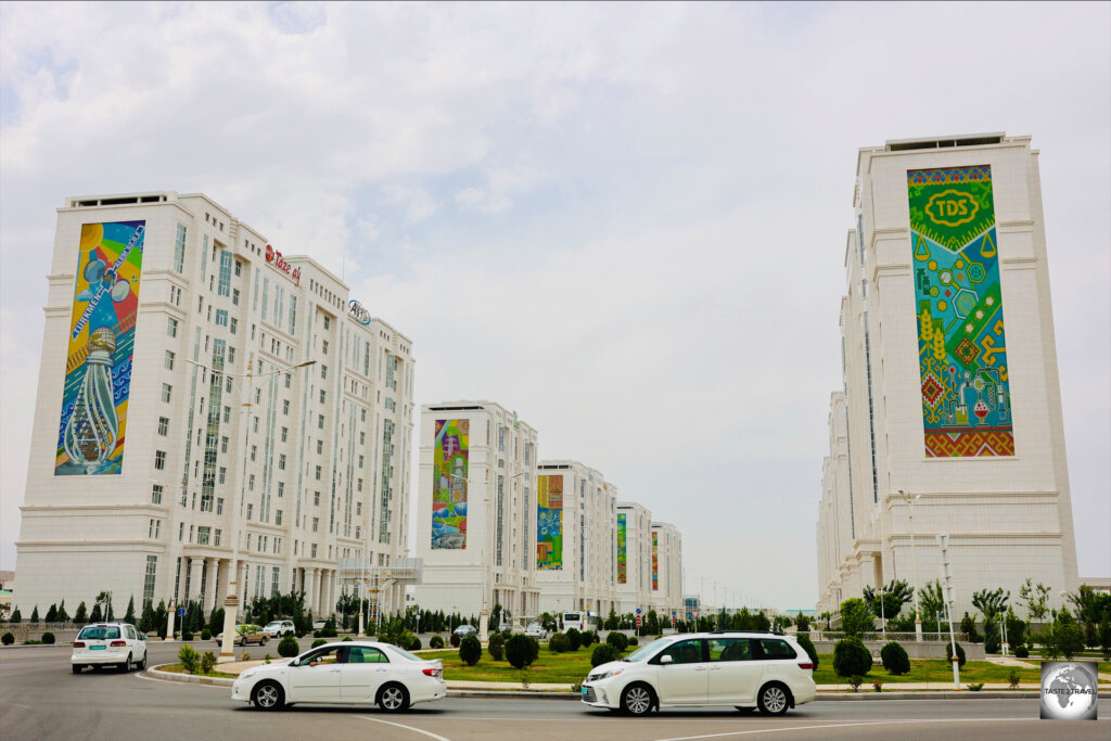 A view of the white-marble apartment buildings which line the perfectly manicured avenues of Ashgabat, the capital of Turkmenistan.