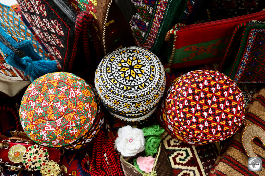 Traditional Turkmen caps, for sale at the Tolkuchka Bazaar in Ashgabat.