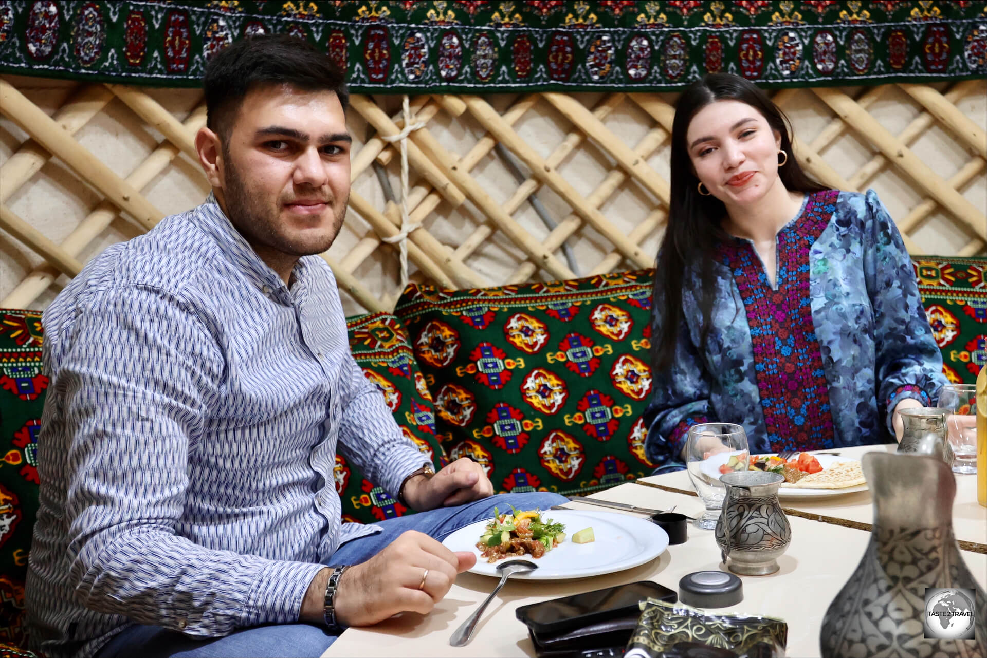 Sharing a traditional Turkmen lunch with Kemal, the Inbound Specialist at Oguz Travel, and his wife Aya, inside a Yurt, at a restaurant in Ashgabat.