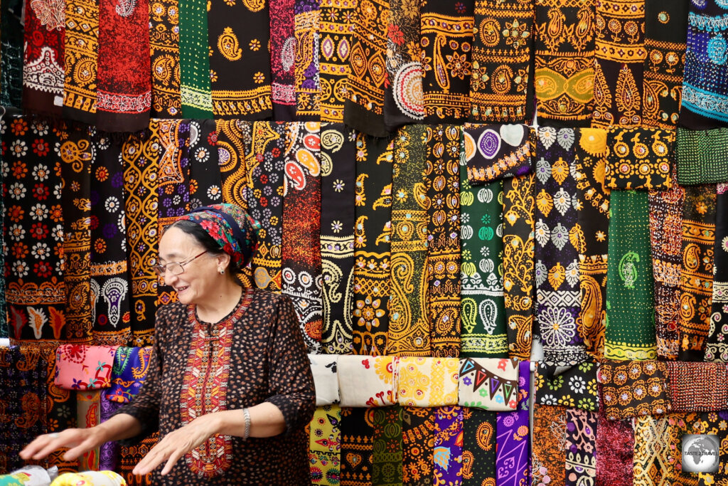 A shopkeeper at the Tolkuchka Bazaar in Ashgabat.