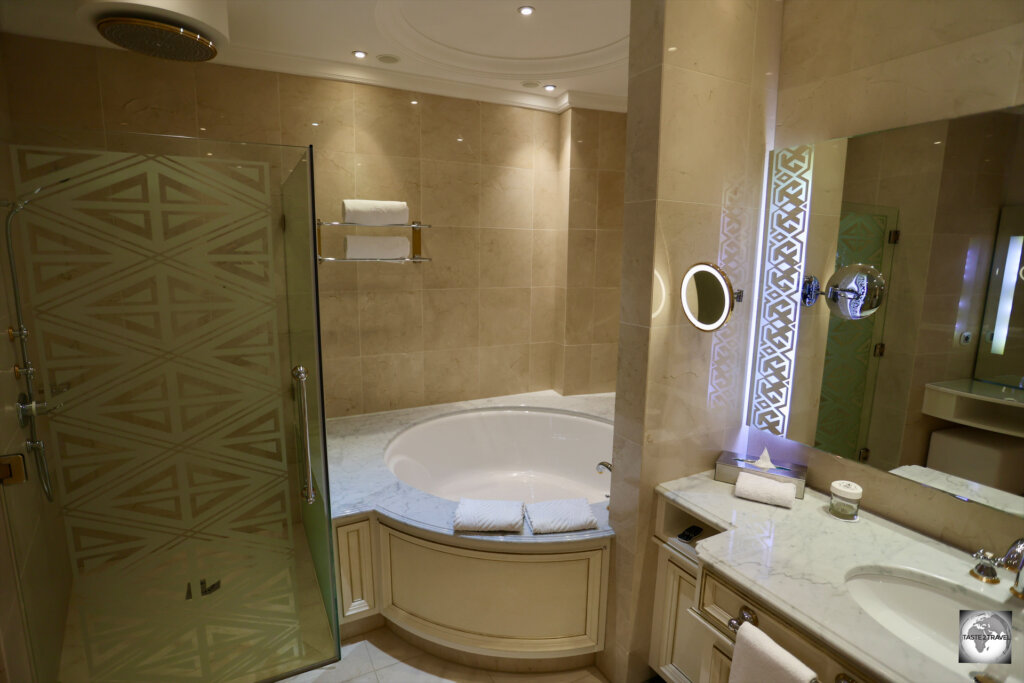A view of one half of my bathroom at the Yyldyz Hotel in Ashgabat, Turkmenistan.