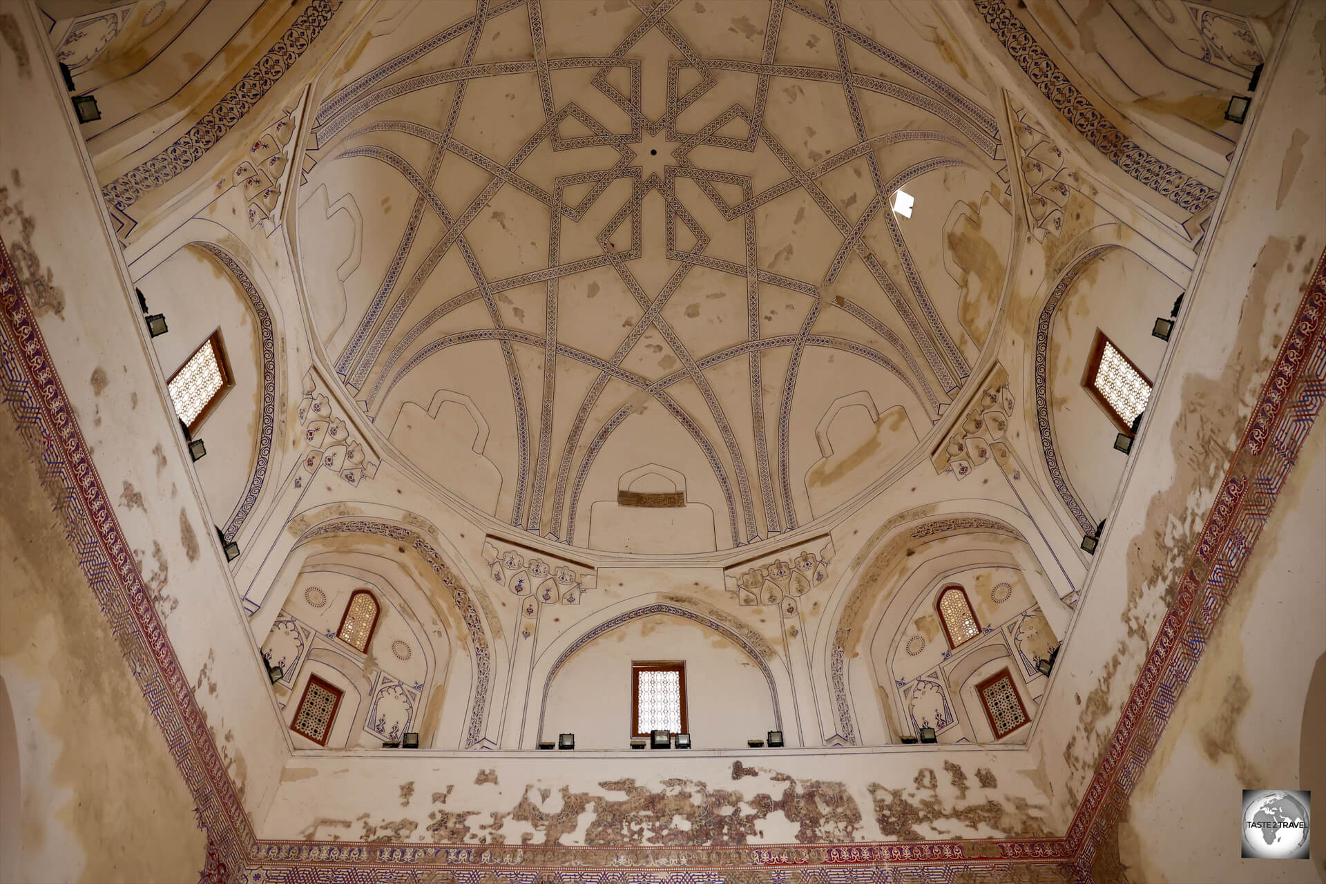 A view of the ornate ceiling of the Mausoleum of Ahmad Sanjar at Merv, Turkmenistan.