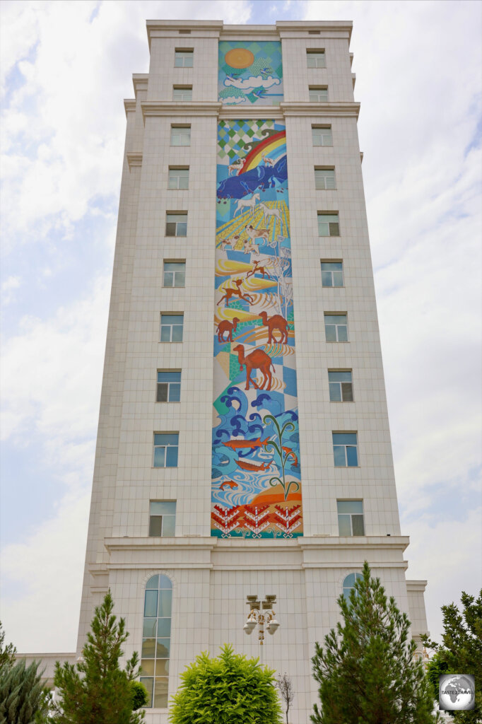 Giant mosaic artwork adorn many apartment buildings in Ashgabat.