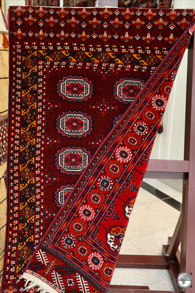 A fascinating, double-sided carpet, at the Turkmen Carpet Museum.