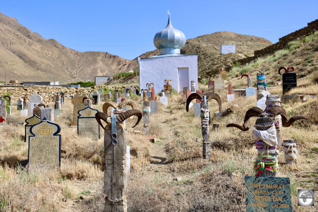 Graves at Nokhur cemetery include the horns of mountain goats, which are believed to keep evil spirits away.