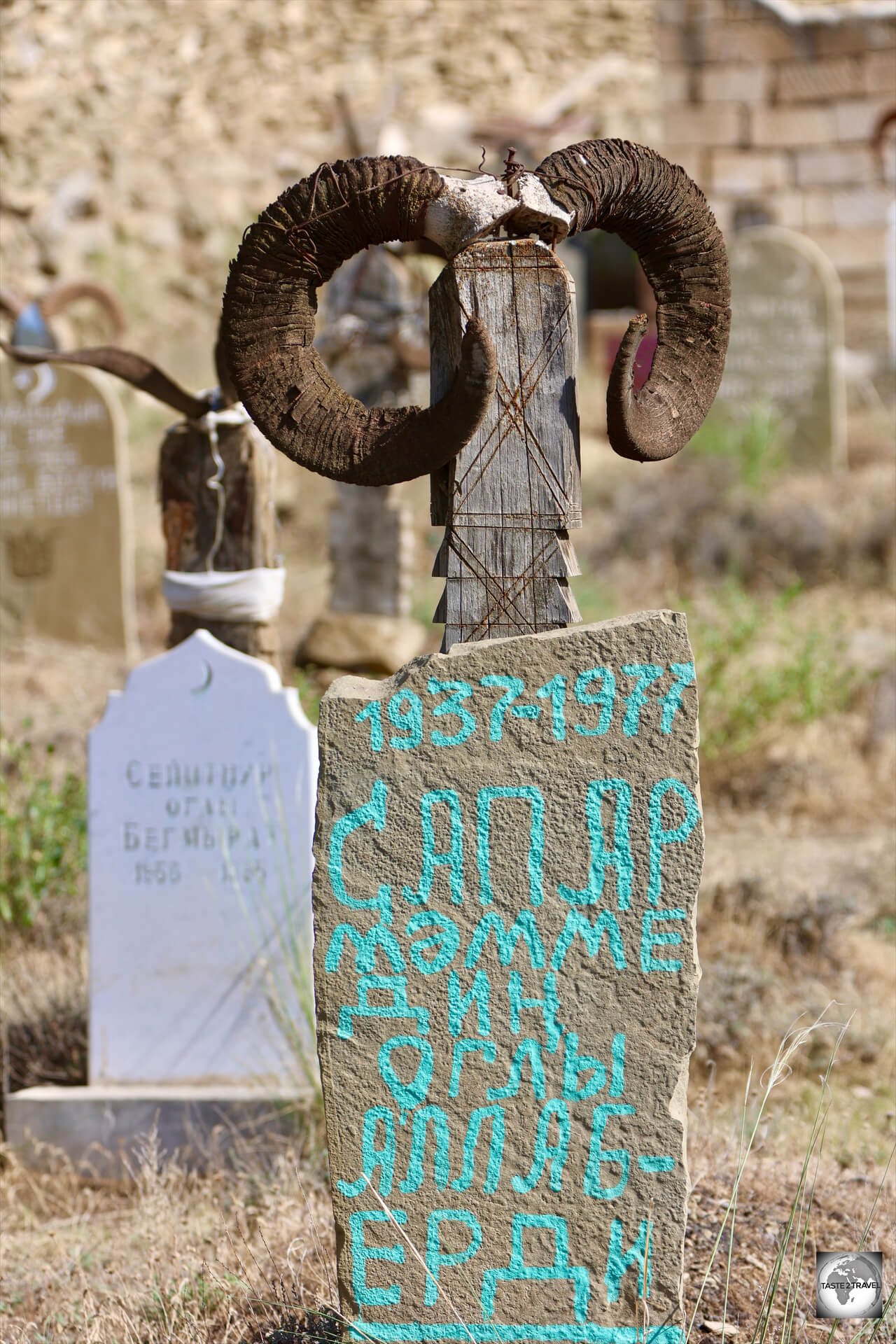 A wooden grave marker at Nokhur cemetery, clearly showing the goat horns and the grooved steps.